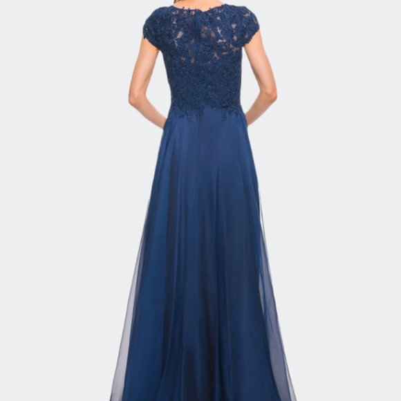 LA FEMME CHIFFON & LACE BODICE CAP SLEEVE NAVY GOWN sz 6 - Picture 3 of 4